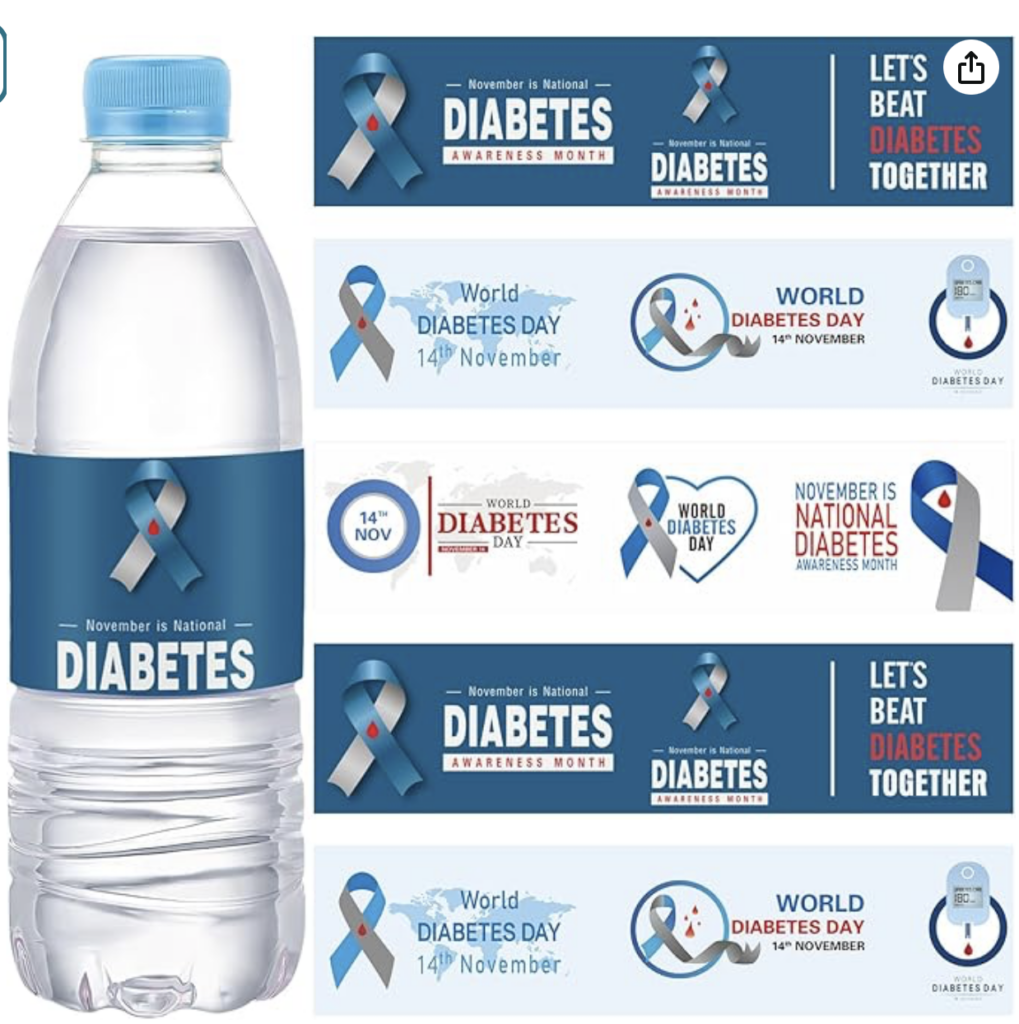 120 Pcs Diabetes Awareness Month Decorations Water Bottle Labels 8.6" x 2"